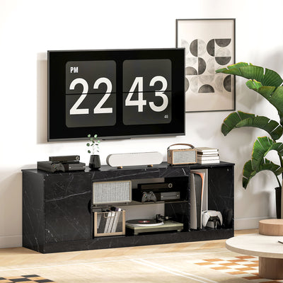 HOMCOM TV Stand Cabinet, Marble Effect TV Unit for up to 55" TVs with Glass Shelf and Storage Cabinet, Entertainment Unit for Living Room, Bedroom, Black 