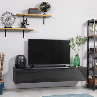 HOMCOM 160cm High Gloss Floating TV Unit Stand for TVs up to 70", Wall Mounted TV Cabinet with Storage Cupboards, Grey and Black 