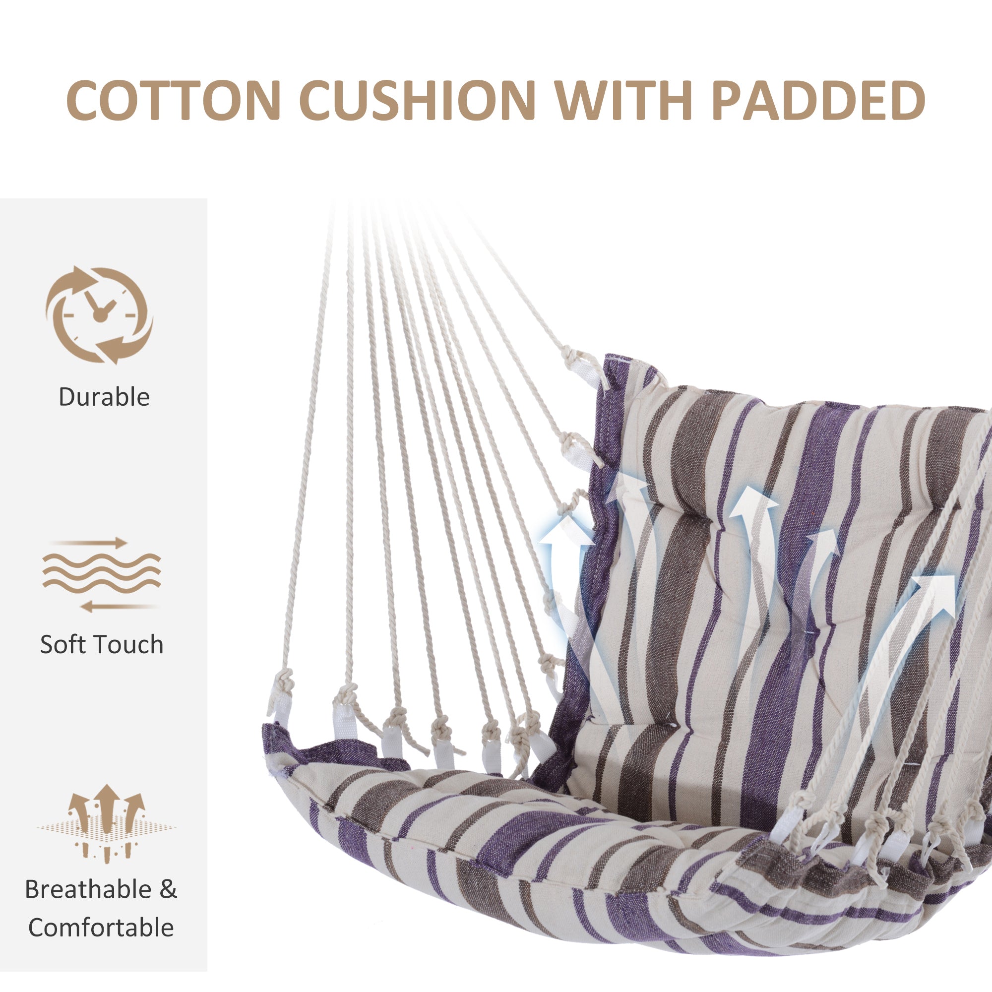 Outsunny Outdoor Hanging Rope Chair with Soft Padded Seat & Backrest, Garden Hammock Chair with Wooden Support Bar Cotton Cloth, Portable Garden Chair for Patio & Tree, Brown 