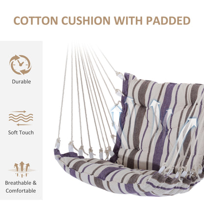 Outsunny Outdoor Hanging Rope Chair with Soft Padded Seat & Backrest, Garden Hammock Chair with Wooden Support Bar Cotton Cloth, Portable Garden Chair for Patio & Tree, Brown 