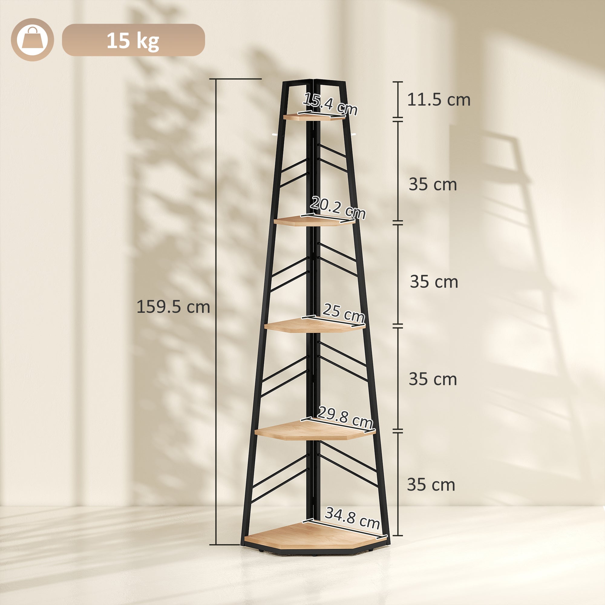 HOMCOM Corner Bookcase, 5-Tier Floor Standing Bookshelf, Shelving Unit for Living Room, Study, Bedroom, Natural Wood Finish 