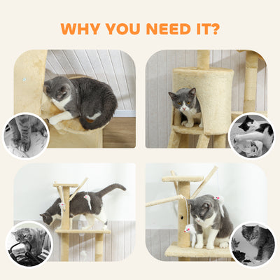 PawHut Multi-Level Cat Tower, 134cm Cat Tree with Condo and Sisal Scratching Posts for Indoor Kittens, Beige 