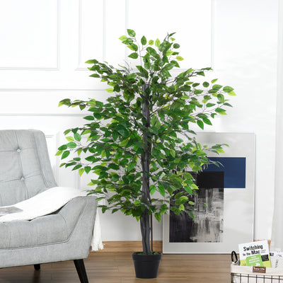 Outsunny 145cm Artificial Banyan Plant Faux Decorative Tree w/ Cement Pot Vibrant Greenery Shrubbery Indoor Outdoor Accessory 