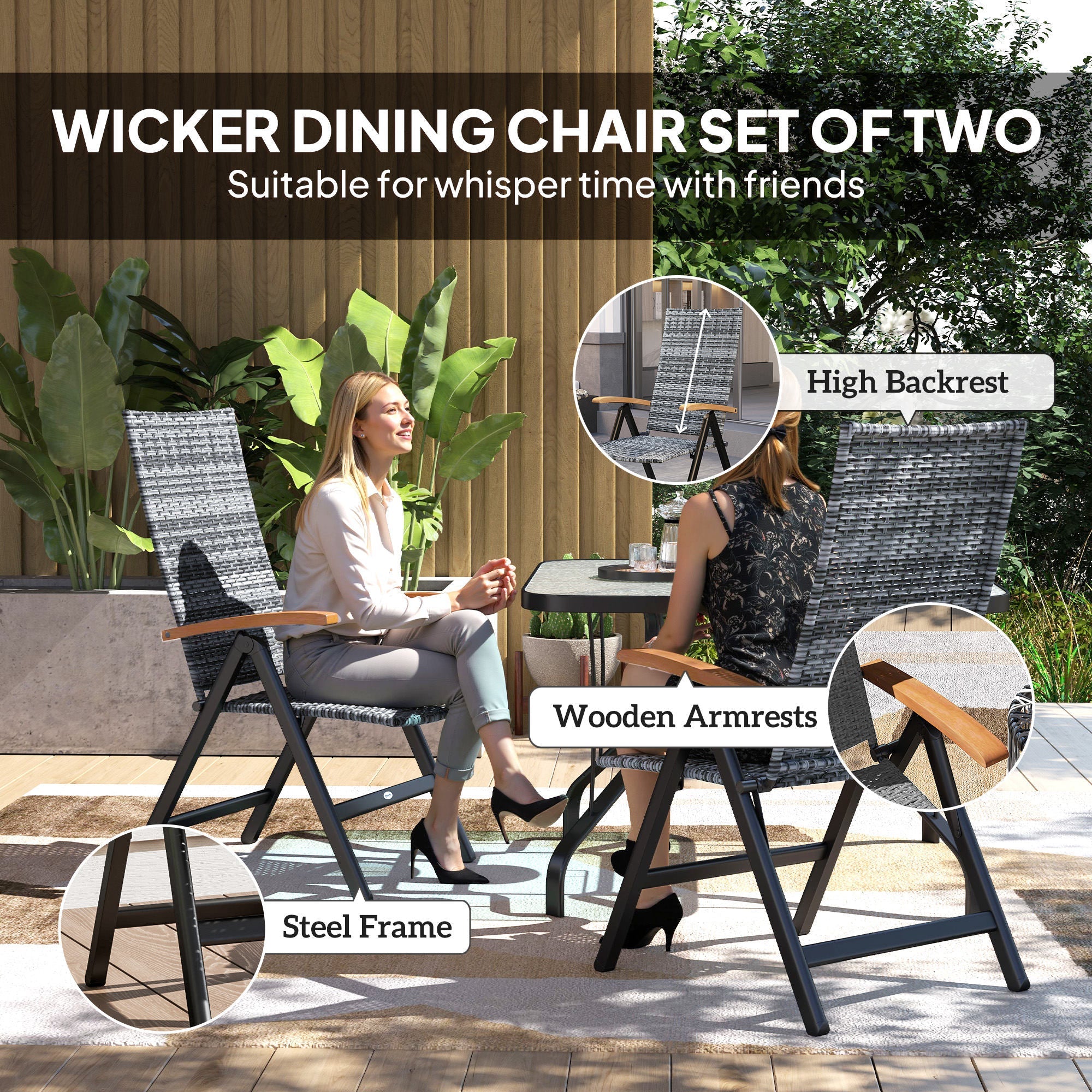 Outsunny 2 Pieces Outdoor Foldable Dining Chair with Armrests, High Backrest, for Garden, Camping, Balcony, Light Grey 