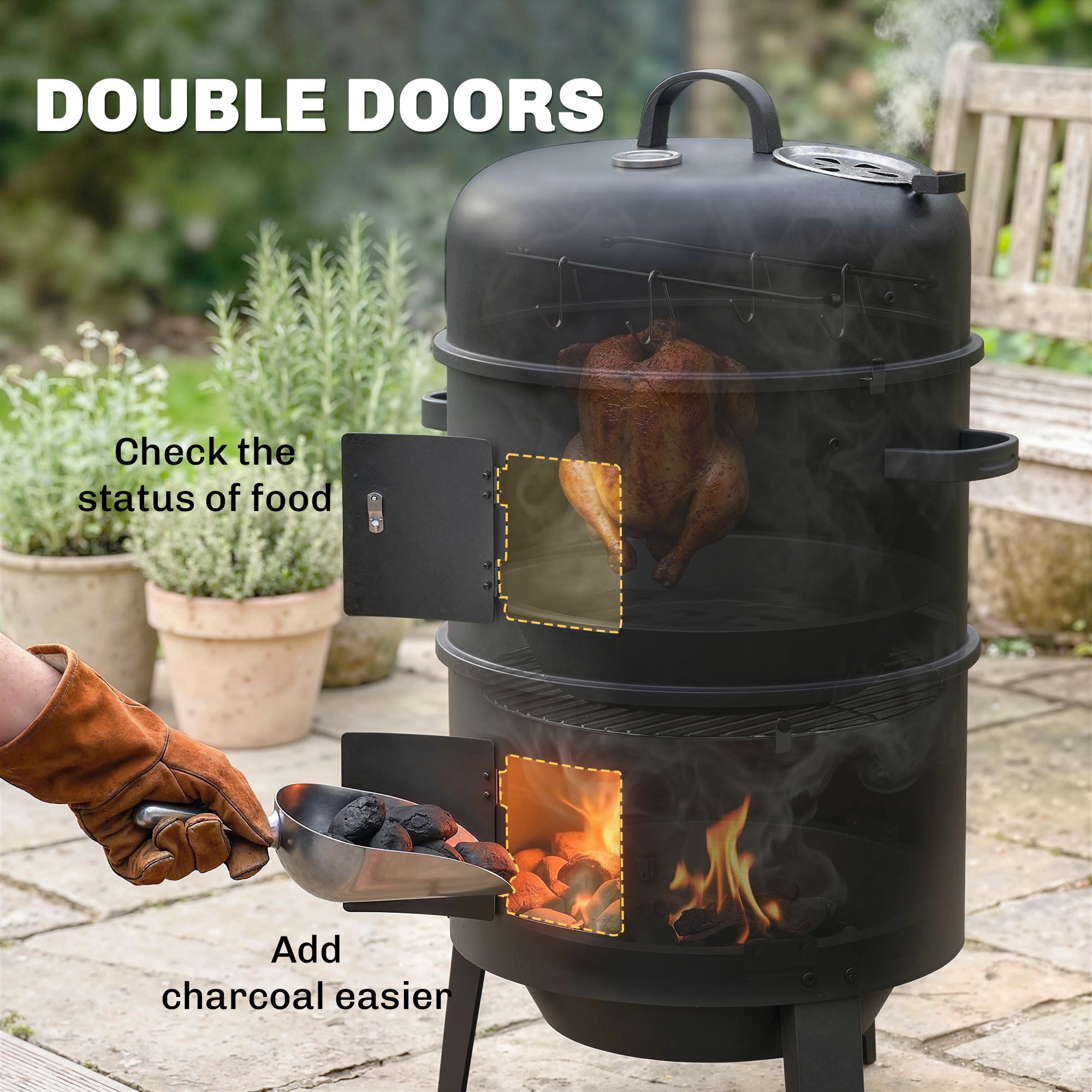 Outsunny 3-in-1 Vertical Charcoal Smoker with 2 Grill Grates, Built-in Thermometer, Adjustable Vent, 2 Doors 