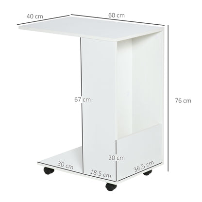 HOMCOM Mobile Sofa Side Table C-Shape End Table with Storage and Casters for Laptop Coffee Snack, White 