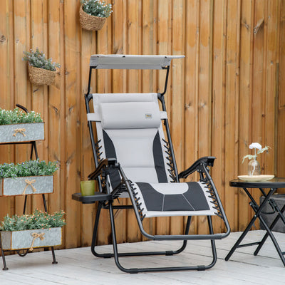 Outsunny Zero Gravity Lounger Chair, Folding Reclining Patio Chair with Shade Cover, Padded Seat, Cup Holder, Soft Cushion and Headrest for Poolside, Camping, Grey 