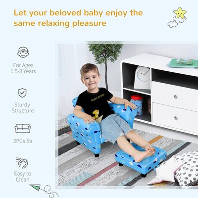 HOMCOM Toddler Chair Children's Armchairs Wood Frame w/ Footrest Anti-Slip Legs High Back Arms for Bedroom Playroom Cute Cloud Star Blue 