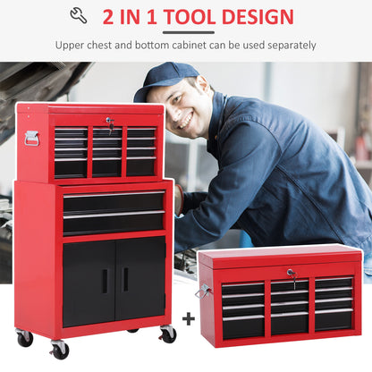 HOMCOM Tool Chest, Metal Tool Cabinet on Wheels with 6 Drawers, Pegboard, Top Chest and Roller Cabinet Combo, 61.6 x 33 x 108cm, Red and Black 