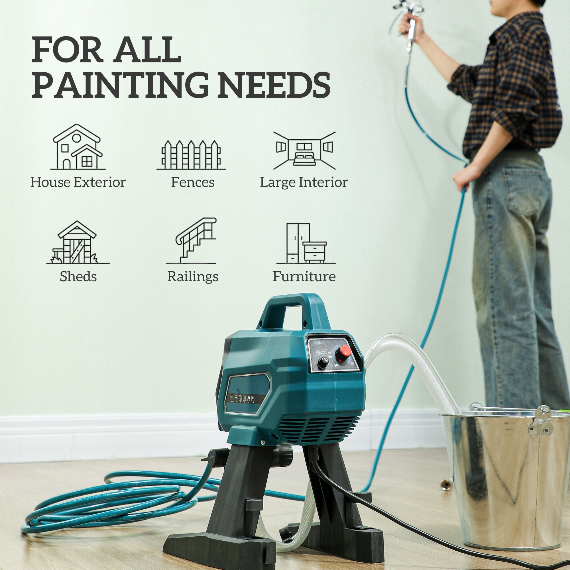 HOMCOM Airless Paint Sprayer, Thinning-Free, Electric Fence Paint Sprayer for Exterior and Interior DIY Painting Projects, Wall Spray Gun Machine, Household Use, 1.5L/min, 200 Bar, 7.5 m Hose 