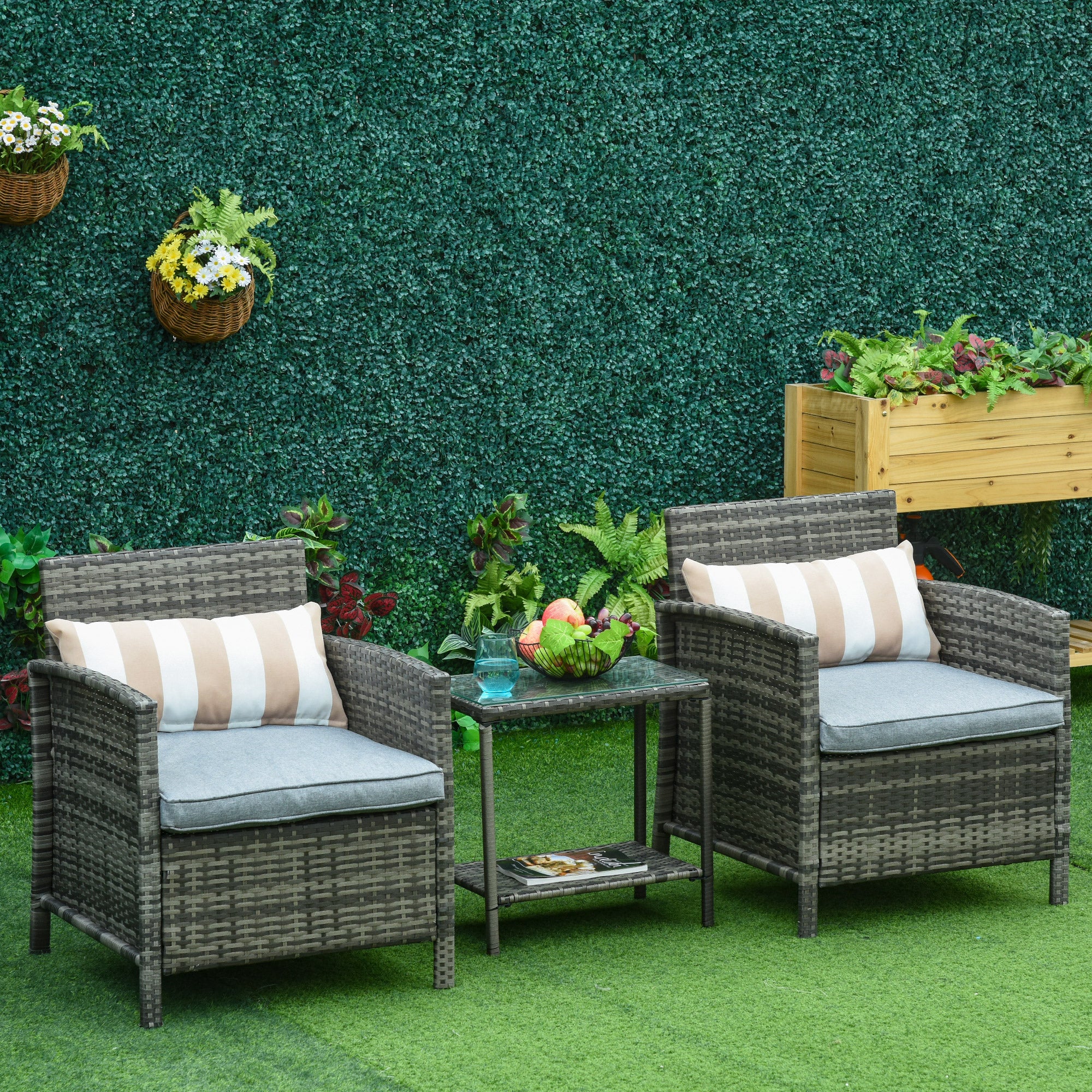 Outsunny 3 Pieces Rattan Bistro Set, Wicker Garden Furniture Set, Glass Top 2-tier Coffee Table and Chairs Set with Pillows and Washable Cushions for Outdoor, Patio, Balcony, Grey 