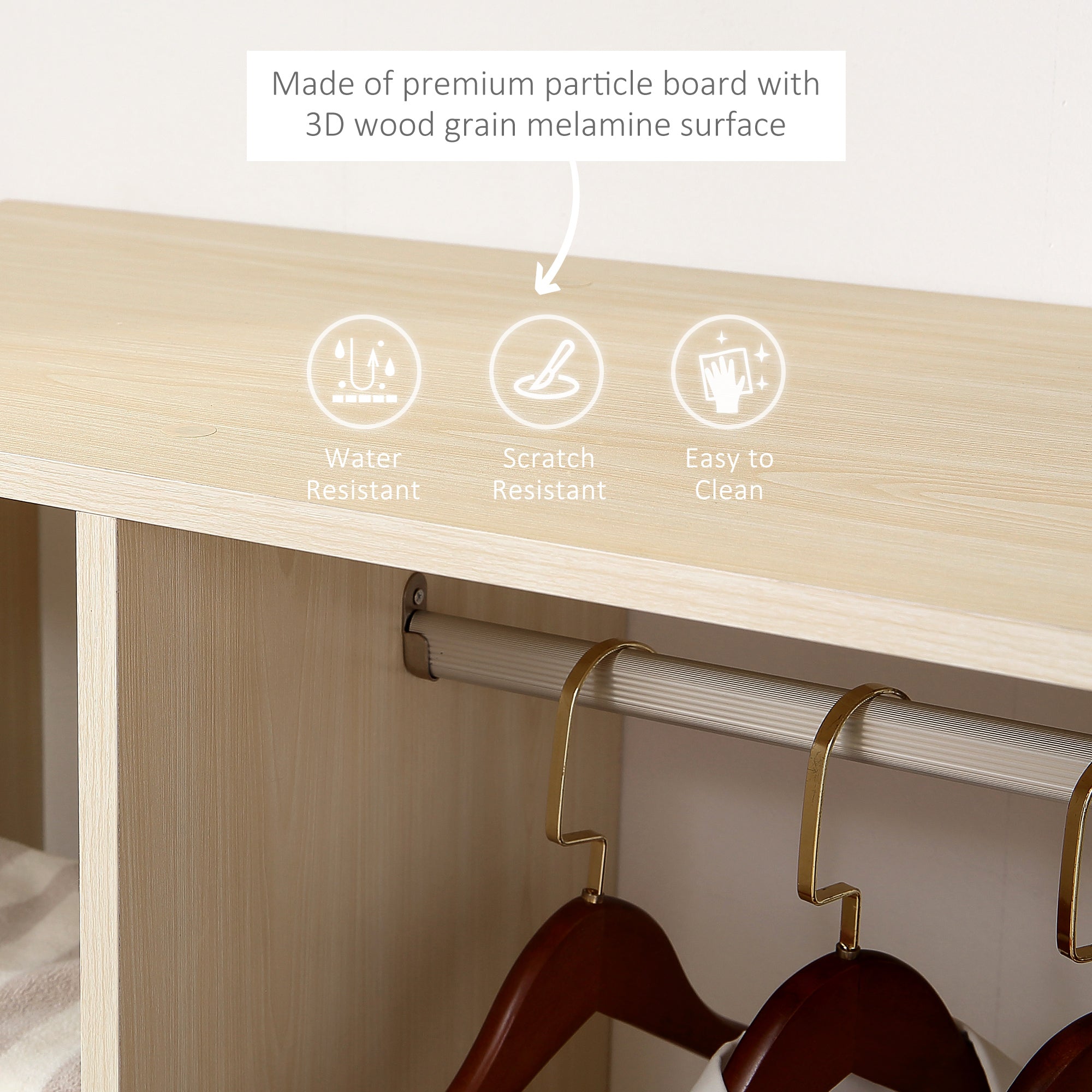 HOMCOM Open Wardrobe on Wheels, Bedroom Wardrobe with Clothes Hanging Rail, 3 Storage Shelves, Mobile Garment Rack for Cloakroom, Hallway, Maple Wood-Effect 
