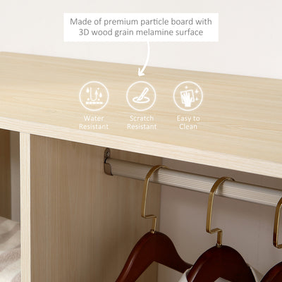 HOMCOM Open Wardrobe on Wheels, Bedroom Wardrobe with Clothes Hanging Rail, 3 Storage Shelves, Mobile Garment Rack for Cloakroom, Hallway, Maple Wood-Effect 