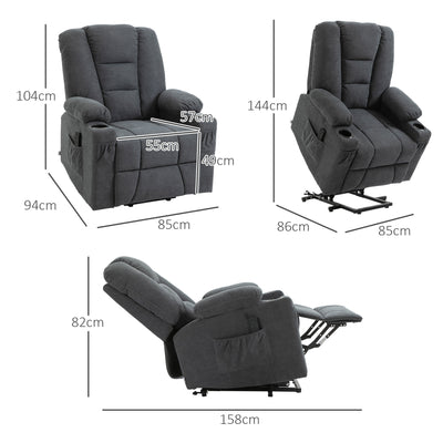 HOMCOM Oversized Riser and Recliner Chairs for the Elderly, Fabric Upholstered Lift Chair for Living Room with Remote Control, Side Pockets, Cup Holder, Charcoal Grey 