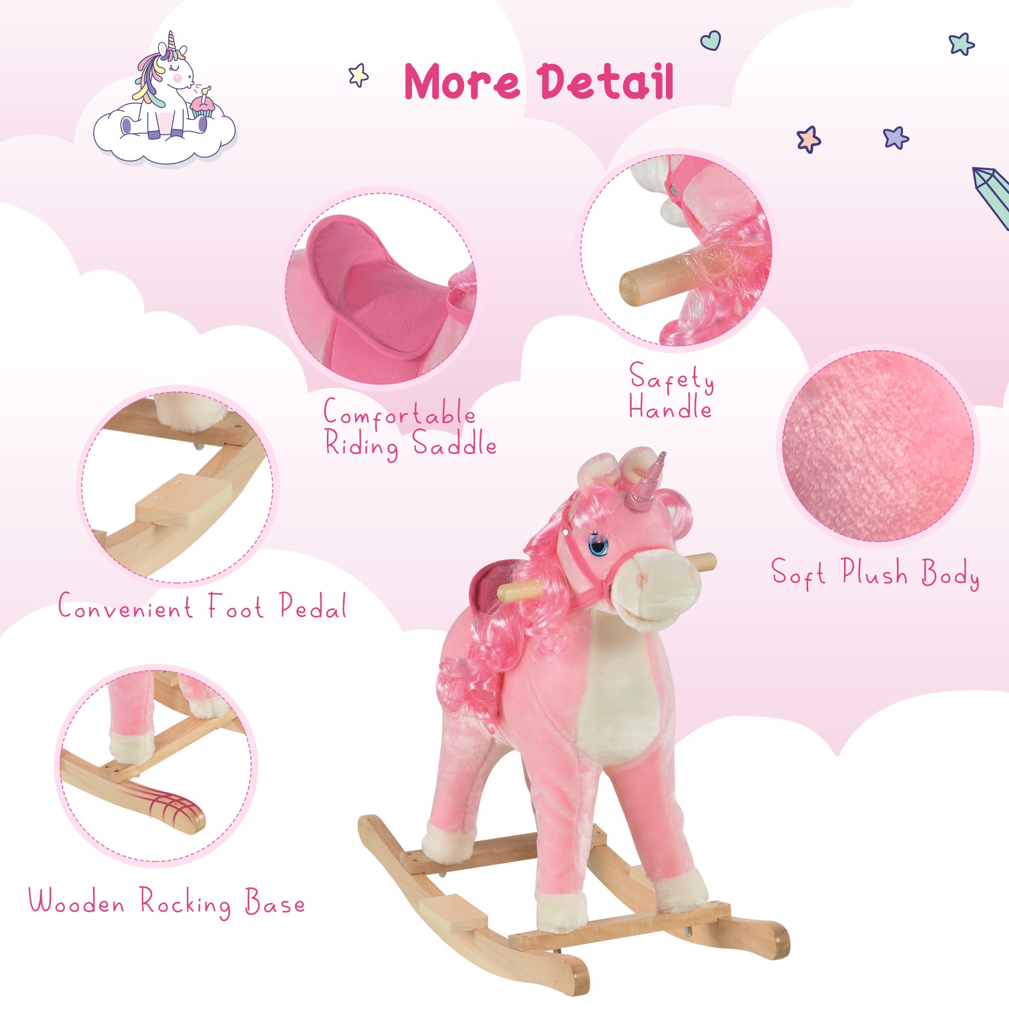 HOMCOM Kids Plush Rocking Horse Ride On Unicorn w/ Sound Moving Mouth Wagging Tail Children Rocker Toy Gift 3-6 Years Pink 