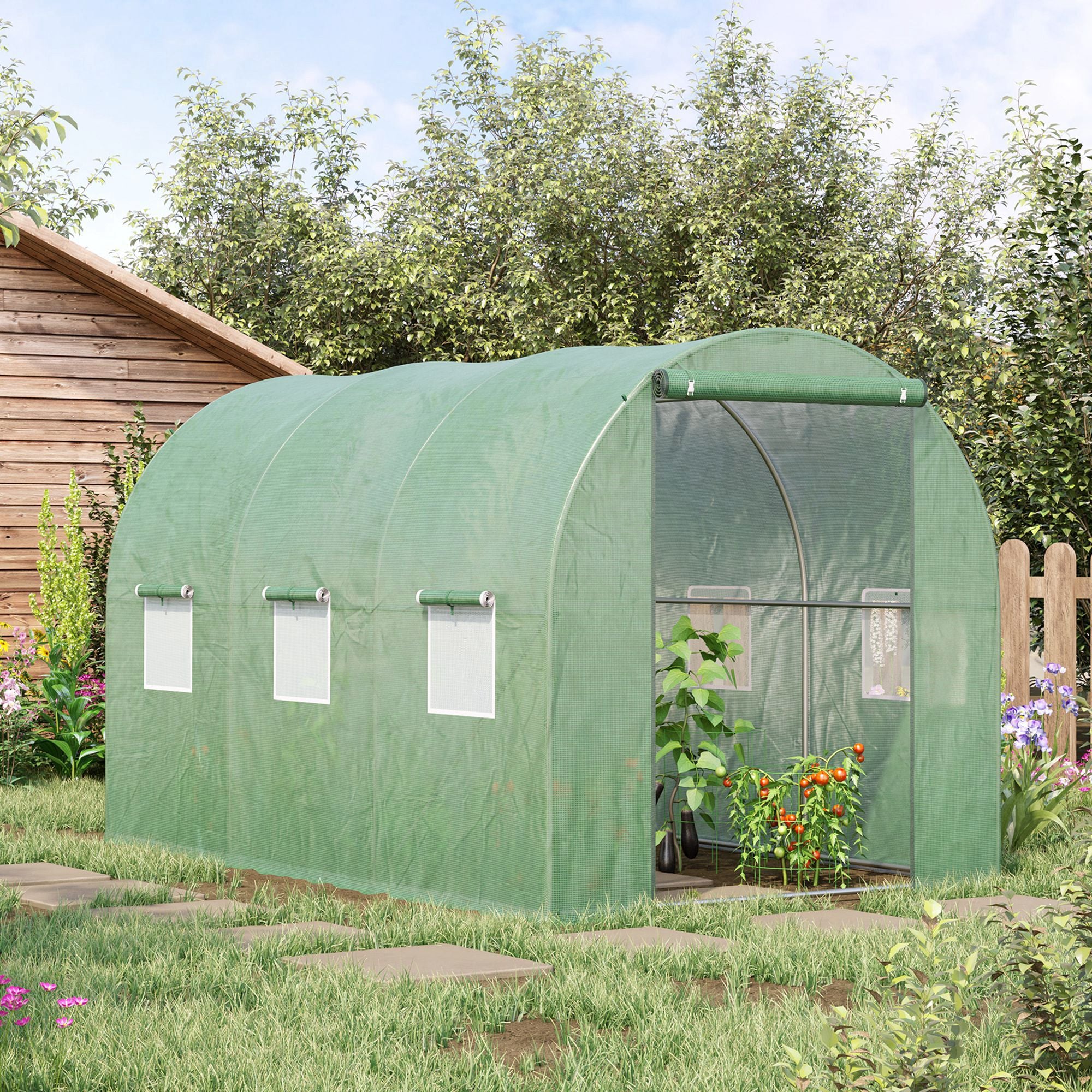 Outsunny Walk-in Polytunnel Greenhouse, Outdoor Garden Tunnel Greenhouse Tent with Zipped Roll-Up Door and 6 Mesh Windows, 3 x 2M 