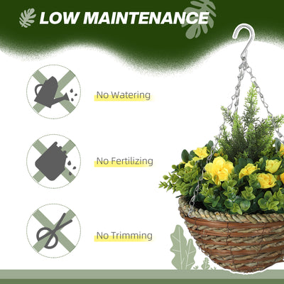 Outsunny Pack of 2 Faux Plant Artificial Lisianthus Flowers Hanging Planter with Basket for Indoor Outdoor Decoration, Yellow 