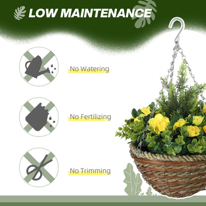 Outsunny Pack of 2 Faux Plant Artificial Lisianthus Flowers Hanging Planter with Basket for Indoor Outdoor Decoration, Yellow 