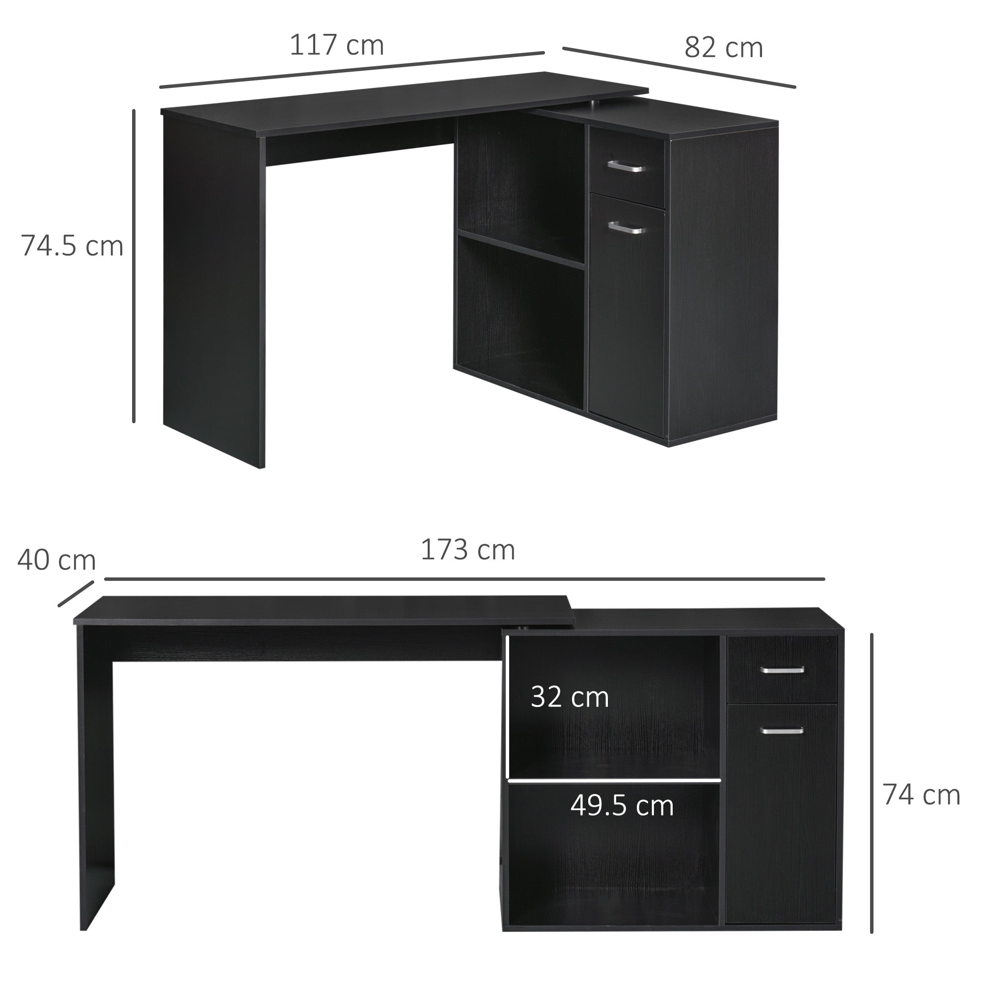 HOMCOM L-Shaped Desk, Corner Computer Desk, Adjustable Study Table with Storage Shelf, Drawer and Cabinet, Workstation for Home Office, Black Wood Grain 