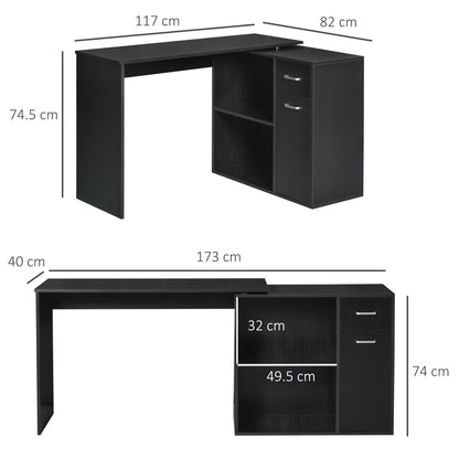 HOMCOM L-Shaped Desk, Corner Computer Desk, Adjustable Study Table with Storage Shelf, Drawer and Cabinet, Workstation for Home Office, Black Wood Grain 