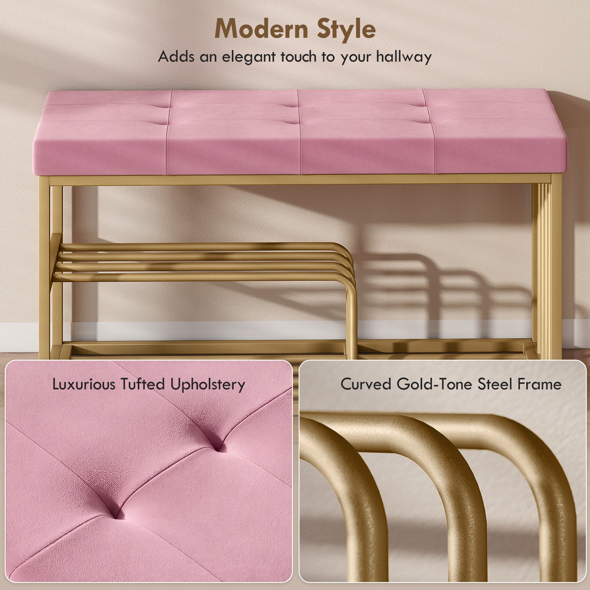 HOMCOM Bench and Shoe Storage, Tufted Shoe Storage Bench with Velvet Seat Cushion Gold Steel Frame for Entryway, Pink 