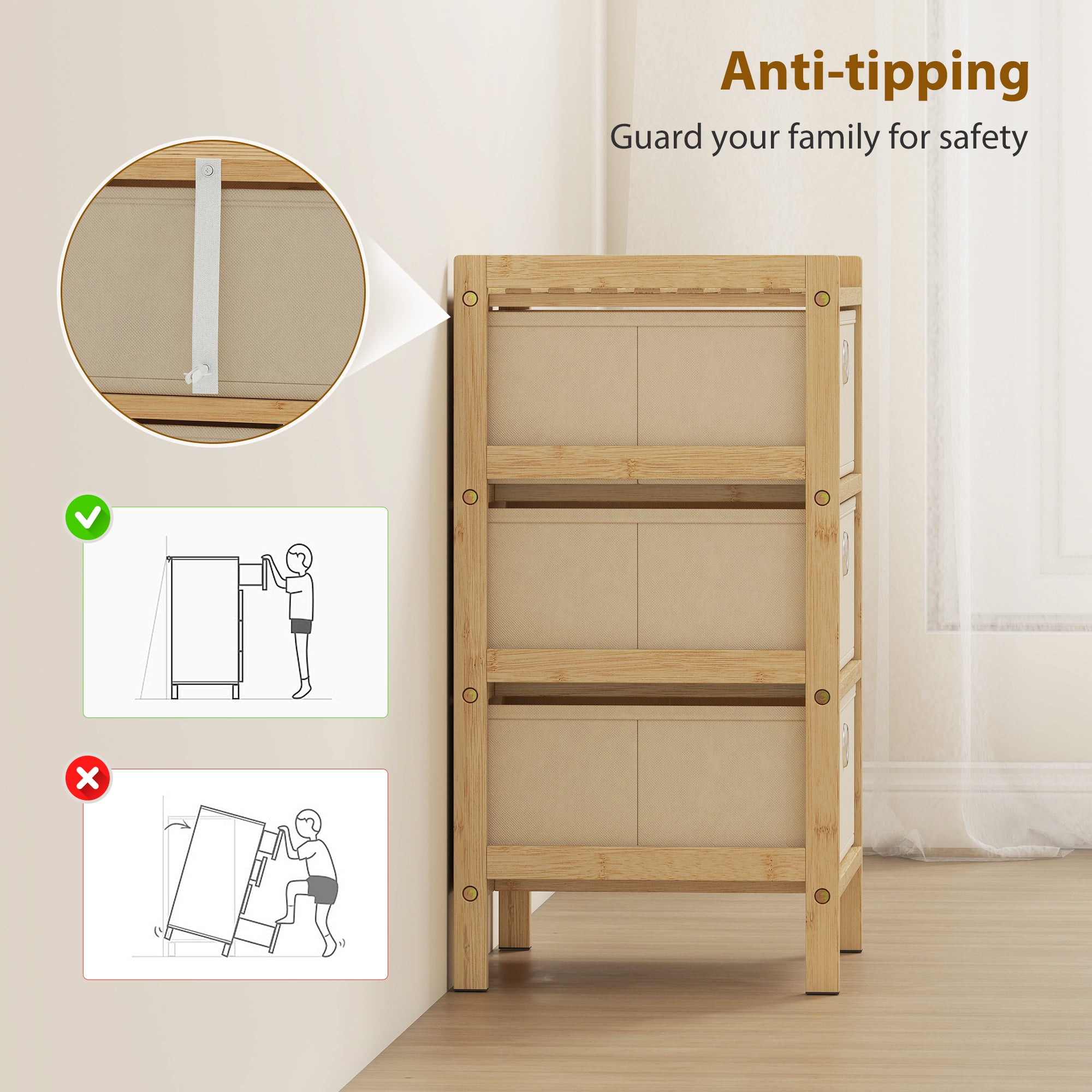 HOMCOM Chest of Drawers, 3 Fabric Drawers Narrow Dresser with Bamboo Frame, Cream White 