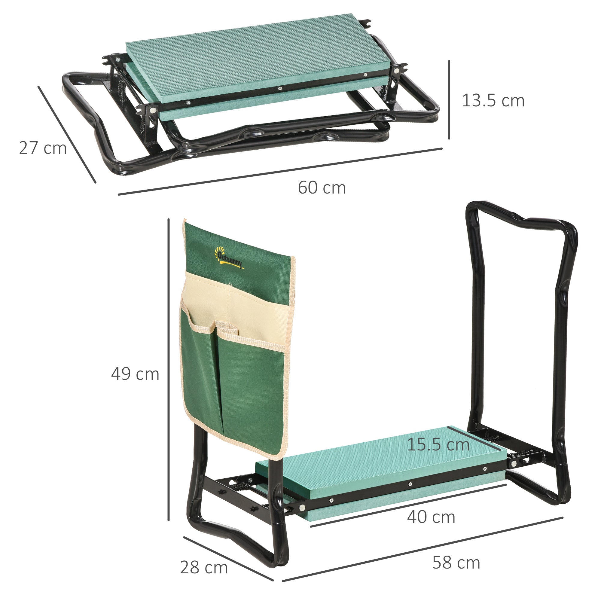 Outsunny Steel Frame Padded Garden Kneeler, with Tool Bag - Green 