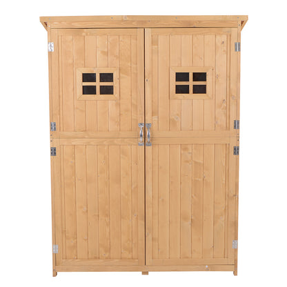Outsunny Wooden Garden Shed with Two Windows, Tool Storage Cabinet, Outdoor Double Door Organizer 127.5L x 50W x 164H cm, Natural 