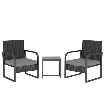Outsunny Rattan Bistro Set, 3 Piece Garden Furniture Set with Cushions and Glass Top Table, Black 