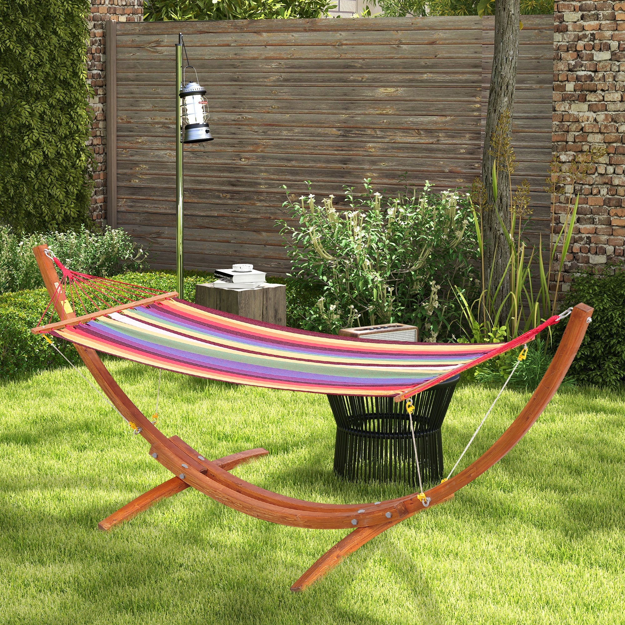 Outsunny Outdoor Hammock with Stand, Free Standing Hammock with Arc Wooden Frame and 200 x 100cm Fabric, Garden Swing Hanging Bed with Safe Ropes, Multicolour 