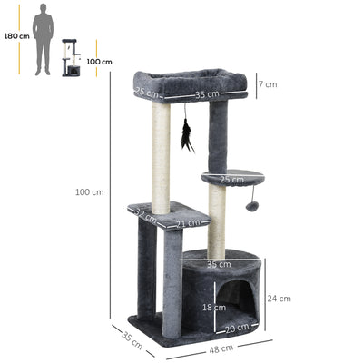 PawHut 100cm Cat Tree for Indoor Cats, Cat Tower Condo for Kittens with Cat House Sisal Scratching Posts, Hanging Ball Toys, Perches - Grey 