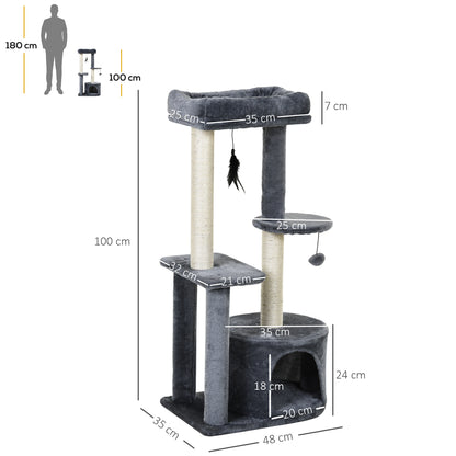 PawHut 100cm Cat Tree for Indoor Cats, Cat Tower Condo for Kittens with Cat House Sisal Scratching Posts, Hanging Ball Toys, Perches - Grey 