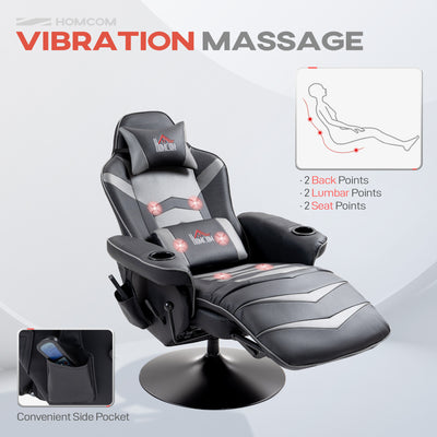 HOMCOM Massage Recliner Chair with Remote, PU Leather Recliner Armchair with Cup Holders and Side Pockets, Racing Style Reclining Chair with Headrest, 360° Swivel, Lumbar Support, Grey 