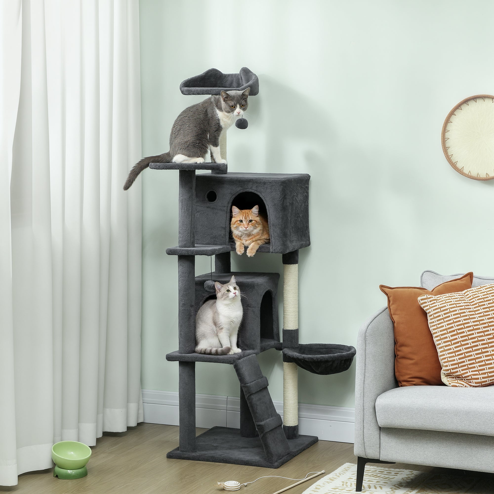 PawHut 160cm Large Cat Tree Tower with Sisal Scratching Posts, Condos, Plush Perches, Hammock, Ladder, Dark Grey 