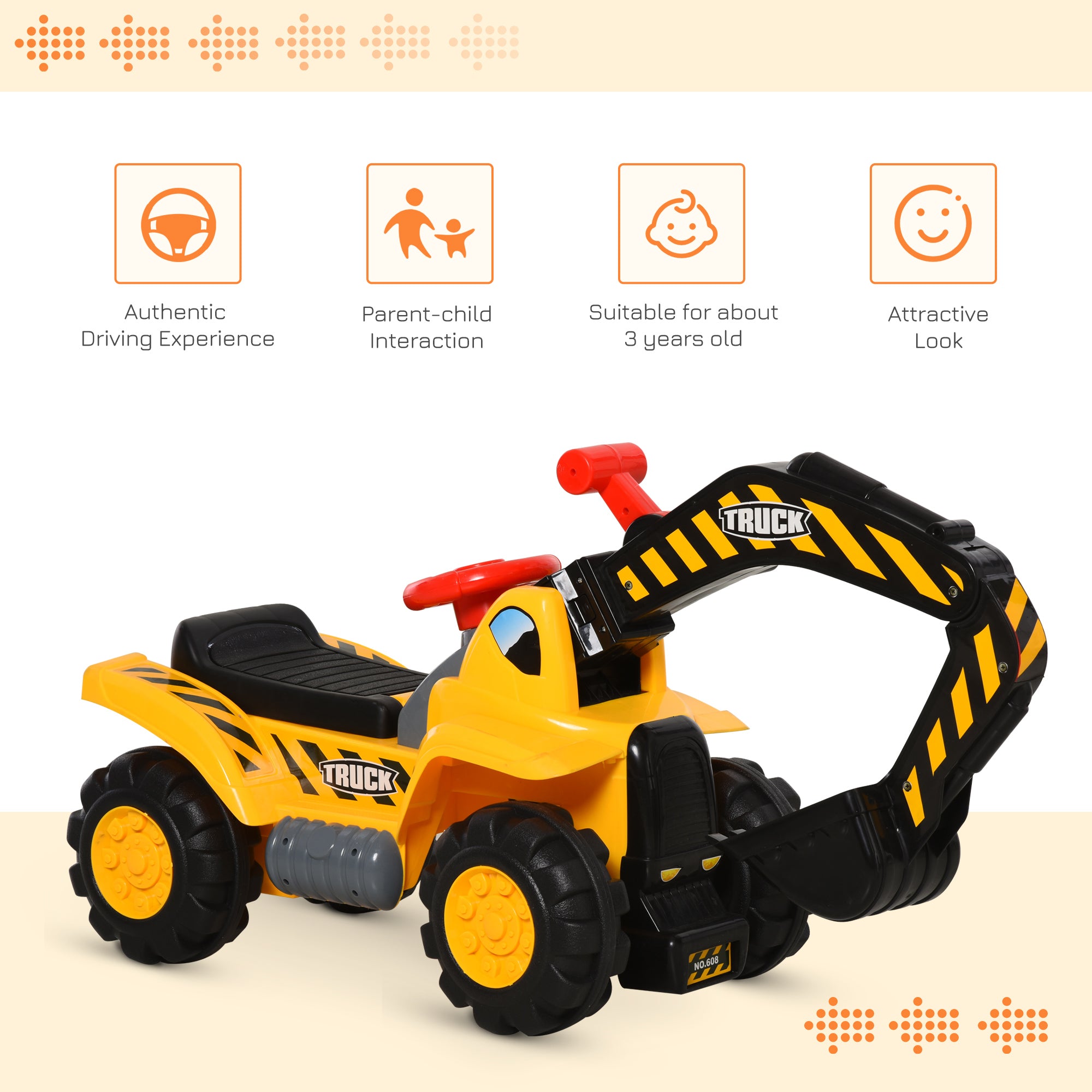 HOMCOM Kids Ride On Excavator Digger w/ Storage Basketball Net Steering NO POWER Wheel Vehicle Truck Toy 