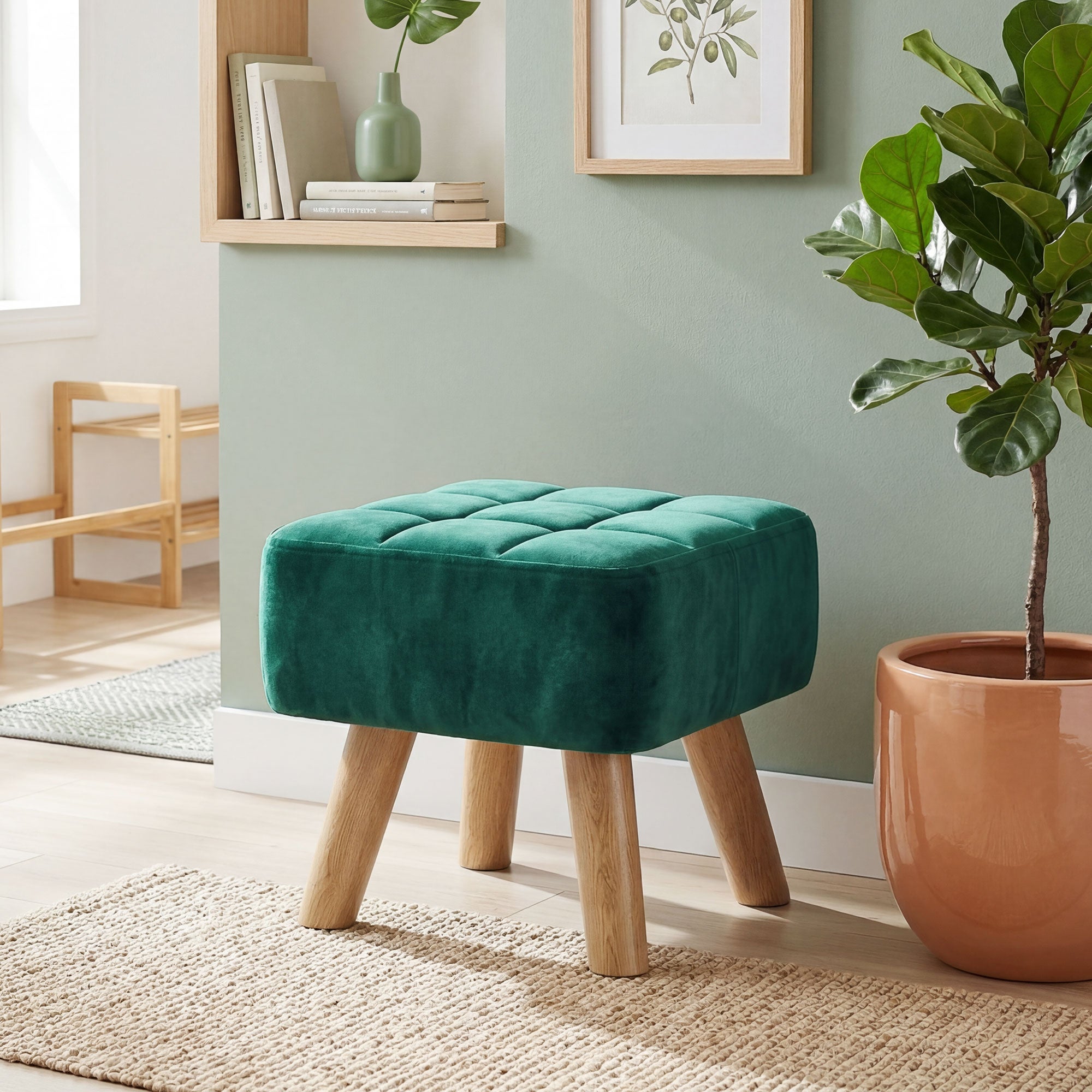 HOMCOM Velvet Square Padded Footstool - Dark Green 