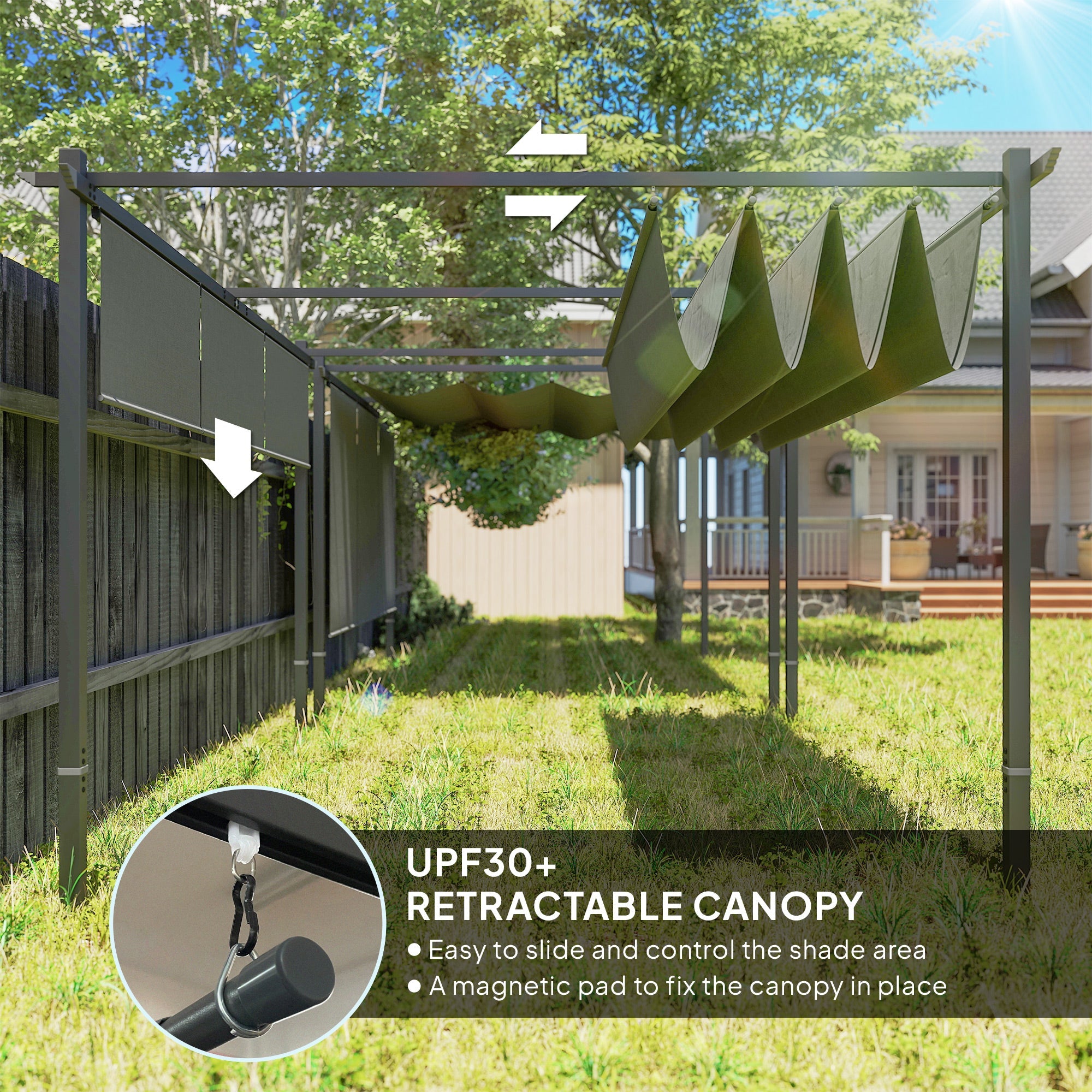 Outsunny 3 x 4m Metal Pergola with Retractable Roof and Roller Shade, Wall-Mounted or Free Standing Garden Gazebo Canopy Pergola Kit, UPF30+ Outdoor Sun Shade Shelter, Grey 