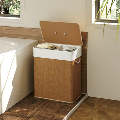 HOMCOM Double Laundry Basket with Lid, 100L Bamboo Laundry Hamper with Rope Handles, Washing Basket with Removable Liner for Bathroom, Bedroom, Brown 