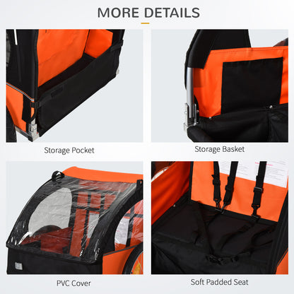 HOMCOM 2 Seat Bike Trailer Bicycle wagon for Kids Child Steel Frame Safety Harness Seat Carrier Orange Black 130 x 76 x 88 cm 