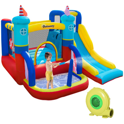 Outsunny 4 in 1 Kids Bouncy Castle Large Sailboat Style Inflatable House Slide Trampoline Water Pool Climbing Wall with Blower Carrybag for Kids Age 3-8, 2.65 x 2.6 x 2m 