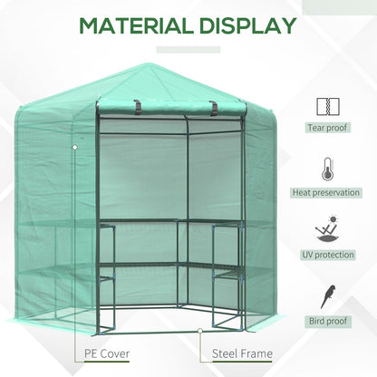 Outsunny Hexagon Walk In Greenhouse with Shelves, Outdoor Green House Grow House with Waterproof PE Cover and Roll-up Door, 228 x 196 x 215 cm, Green 