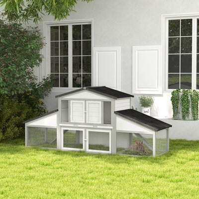 PawHut Large Rabbit Hutch with Run, Outdoor Bunny Cage, with Tray, Ramp - Light Grey 