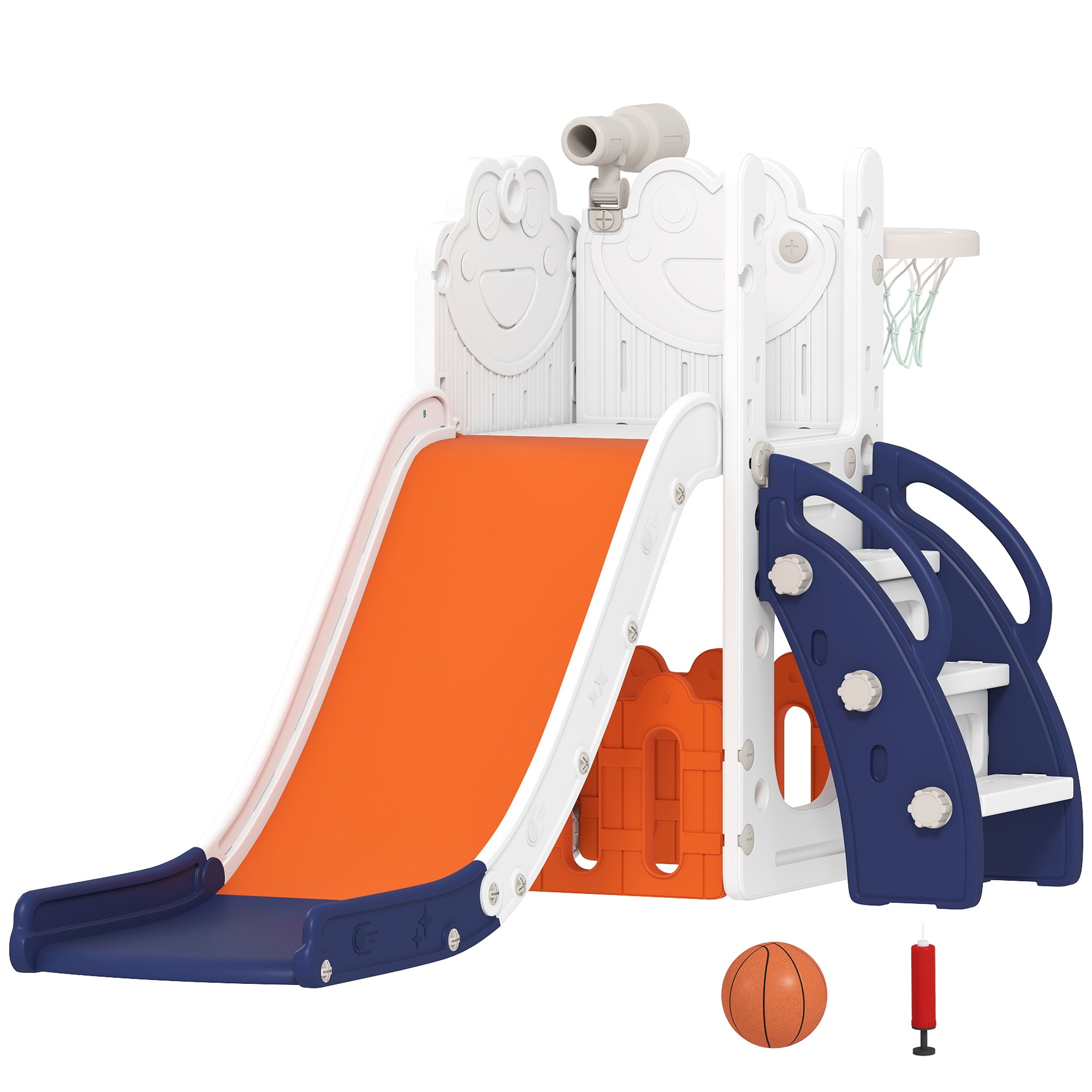 AIYAPLAY 5 in 1 Kids Slide Set with Basketball Hoop, Climbing Frame, Telescope, Storage Box for Toddlers Ages 1-3, Orange 
