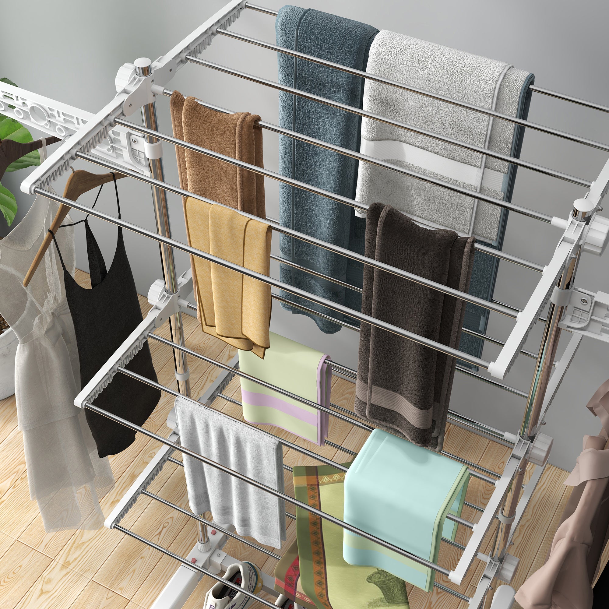 HOMCOM 3-Tier Clothes Airer, Stainless Steel Foldable Clothes Drying Rack with Wheels and Wings, Indoor and Outdoor, Easy Assembly, 142 x 55 x 152cm, White 