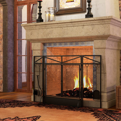 HOMCOM 3 Panel Folding Fire Guard Screen with Fireplace Tool Sets and Front Doors, Freestanding Fire Screen Spark Guard with Feet for Open Fire, Log Burner, Fireplace, 122 x77 cm, Black 