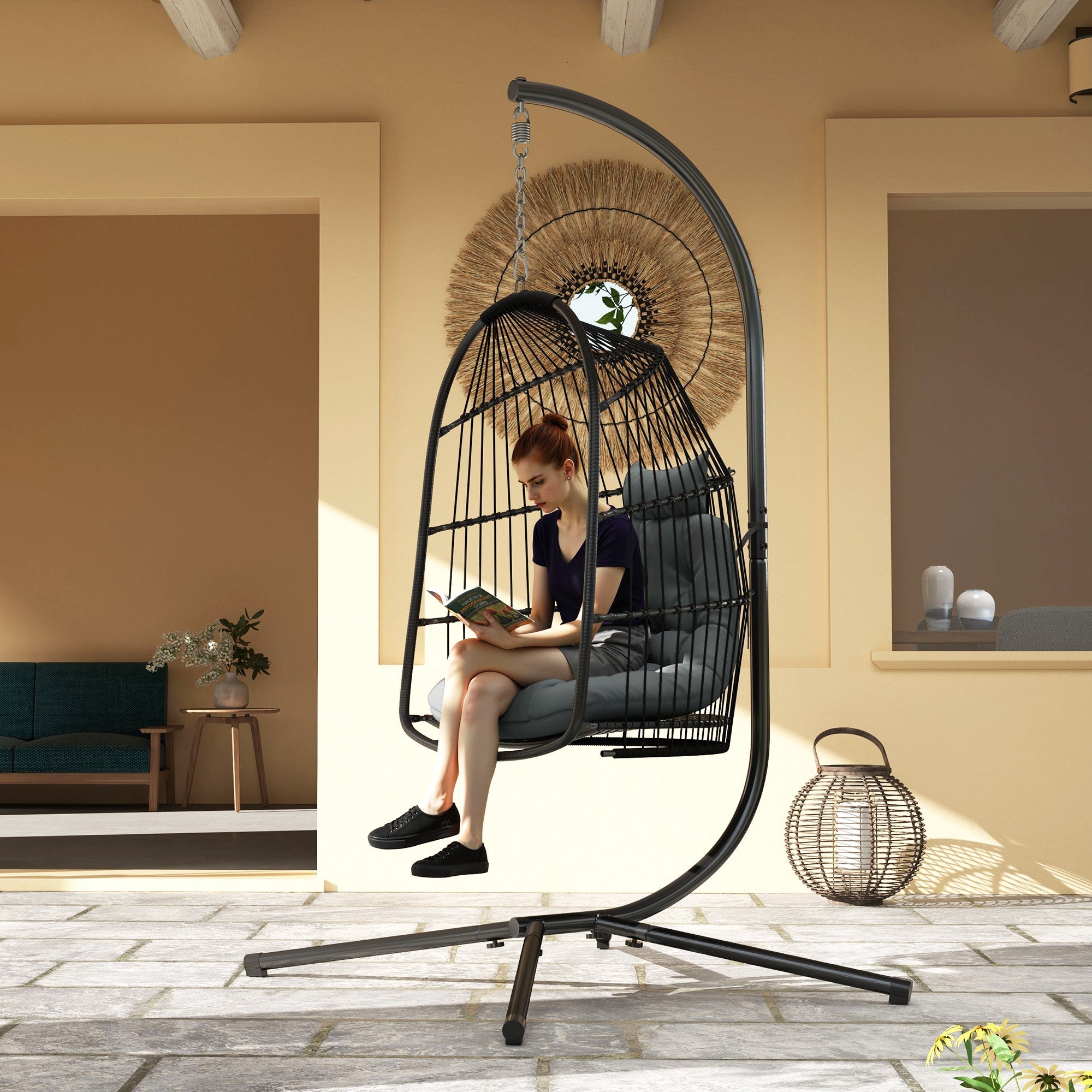 Outsunny Hanging Egg Chair, Foldable Rattan Garden Swing Chair with Installation Kit, Thickened Cushion and Headrest, Indoor Outdoor Hanging Egg Basket Seat for Patio, Porch, Dark Grey 