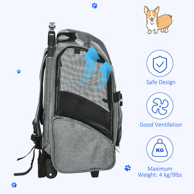 PawHut Pet Travel Backpack Bag Cat Puppy Dog Carrier w/ Trolley and Telescopic Handle Portable Stroller Wheel Luggage Bag (Grey) 
