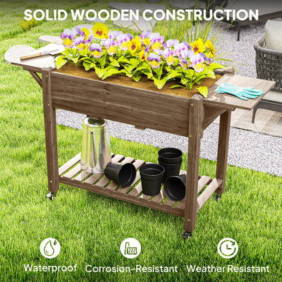 Outsunny Raised Garden Bed, Wooden Elevated Planter Box with Lockable Wheels, Side Tables and Bottom Shelf, Outdoor Planter with Liner and Drainage Holes for Vegetables, Flowers, Fruits, Carbonised 