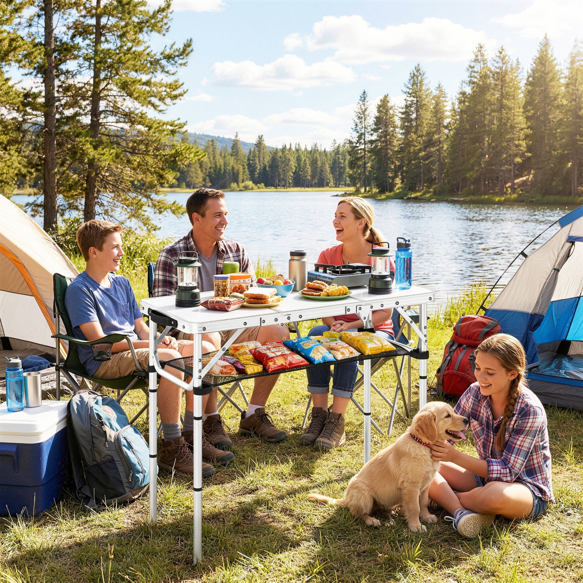 Outsunny 3ft Folding Camping Table, Picnic Table with Mesh Storage Layer, Carrying Bag and Metal Frame, Cream White 