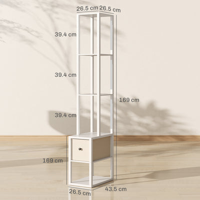 HOMCOM Floor Lamp with Shelves, LED Column Modern Standing Lamp with Fabric Drawer, Adjustable Brightness, Foot Switch for Living Room, Bedroom, Office, White 